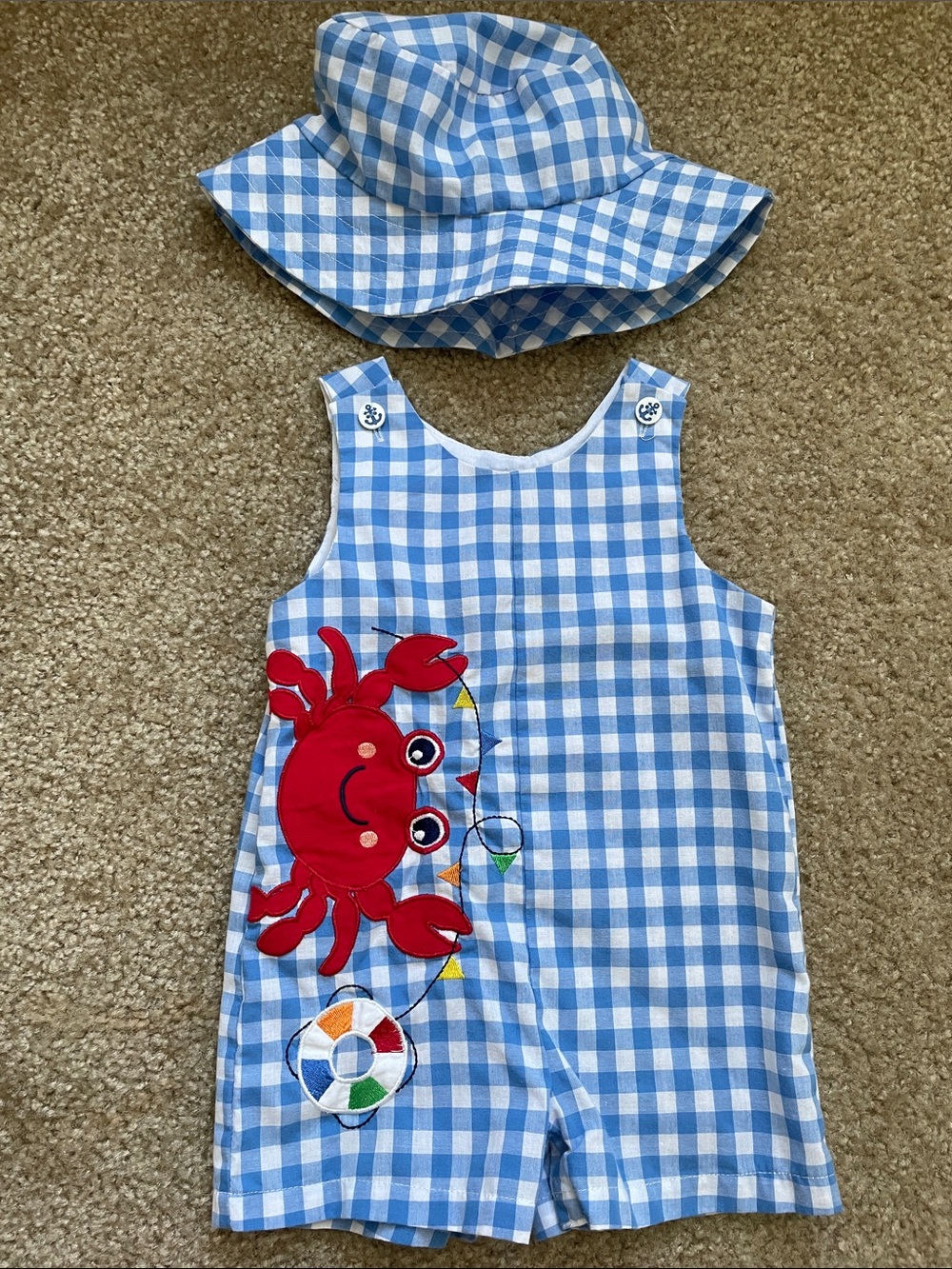 Blue Gingham Crab Shortall and Sun Hat - 18m